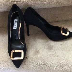 Dune Black suede Heels with Gold Buckle, $40